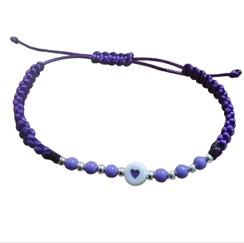 Handmade Purple Adjustable Nylon Satin Cord Silver Round Spacer Bead and Acrylic